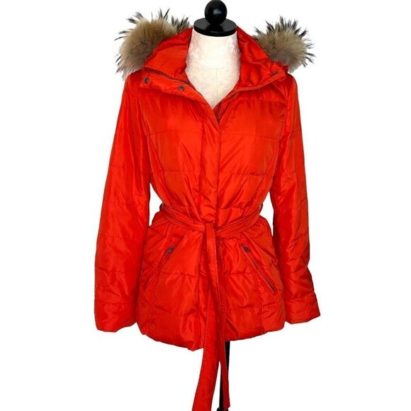 Max Mara Weekend Fur Hooded Jacket Womens Size 6 Detachable Belted Zipper Snaps